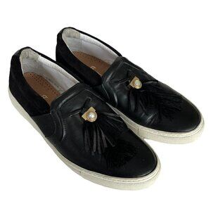 Lanvin Paris Women's Slip On Leather Sneakers Sz  9 Black Leather Tasseled